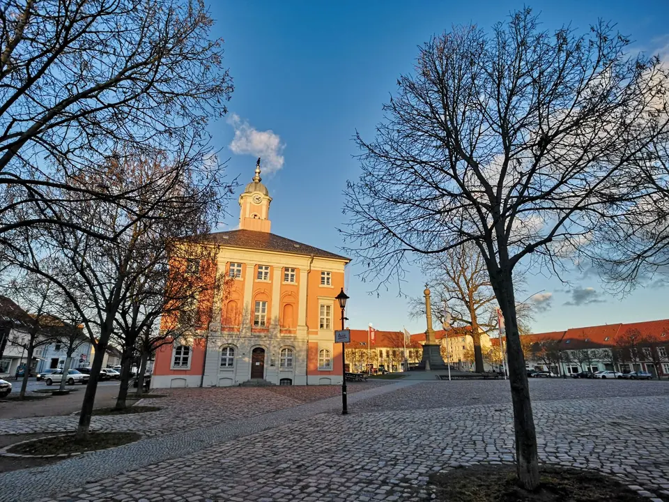 Schöne mittelalterliche Architektur auf einem sonnenbeschienenen deutschen Marktplatz mit Kopfsteinpflaster und Winterbäumen.